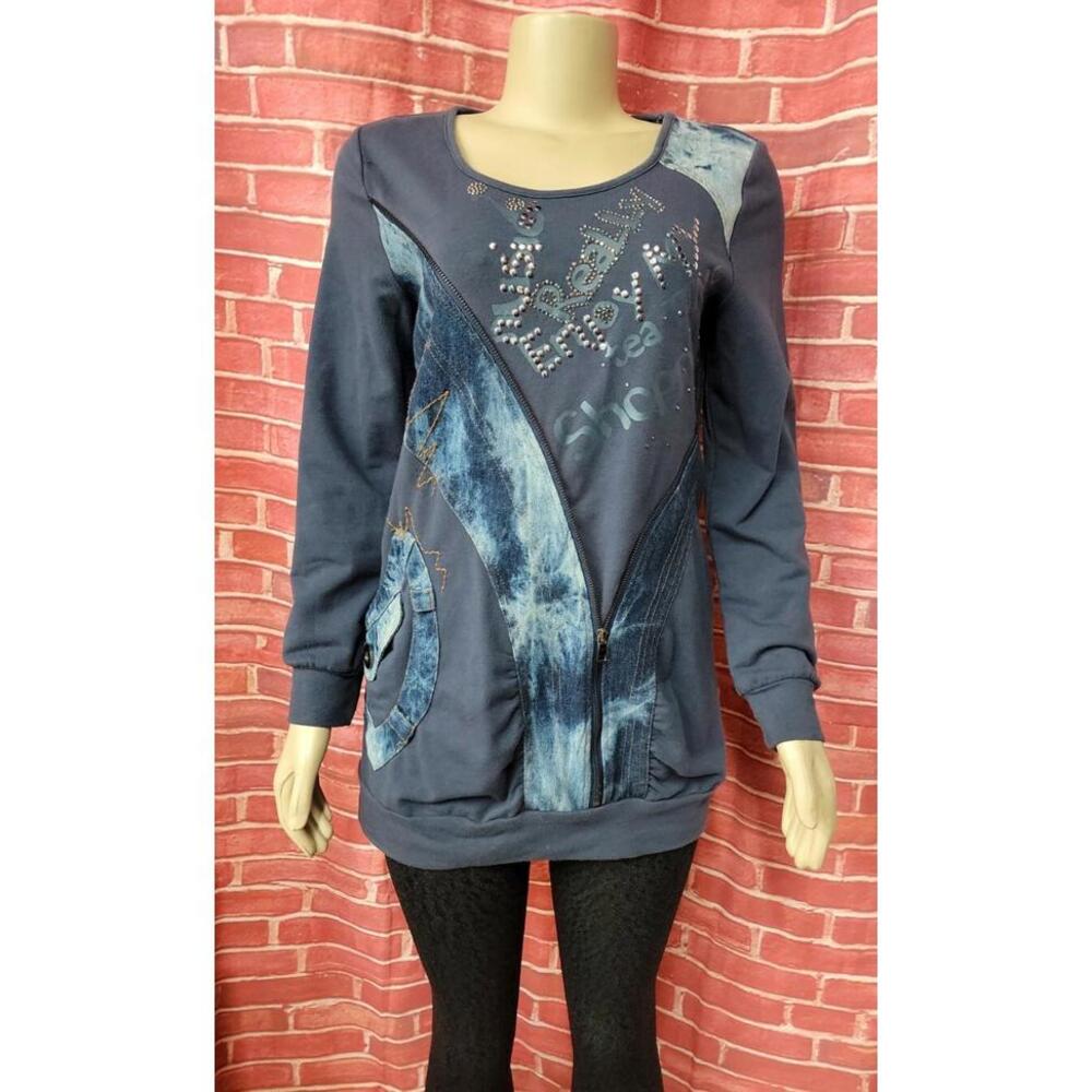 GHOLE, Made In France Size 3 RARE Womens Embellished Artwear Sweatshirt Navy #C6 - Picture 7 of 9